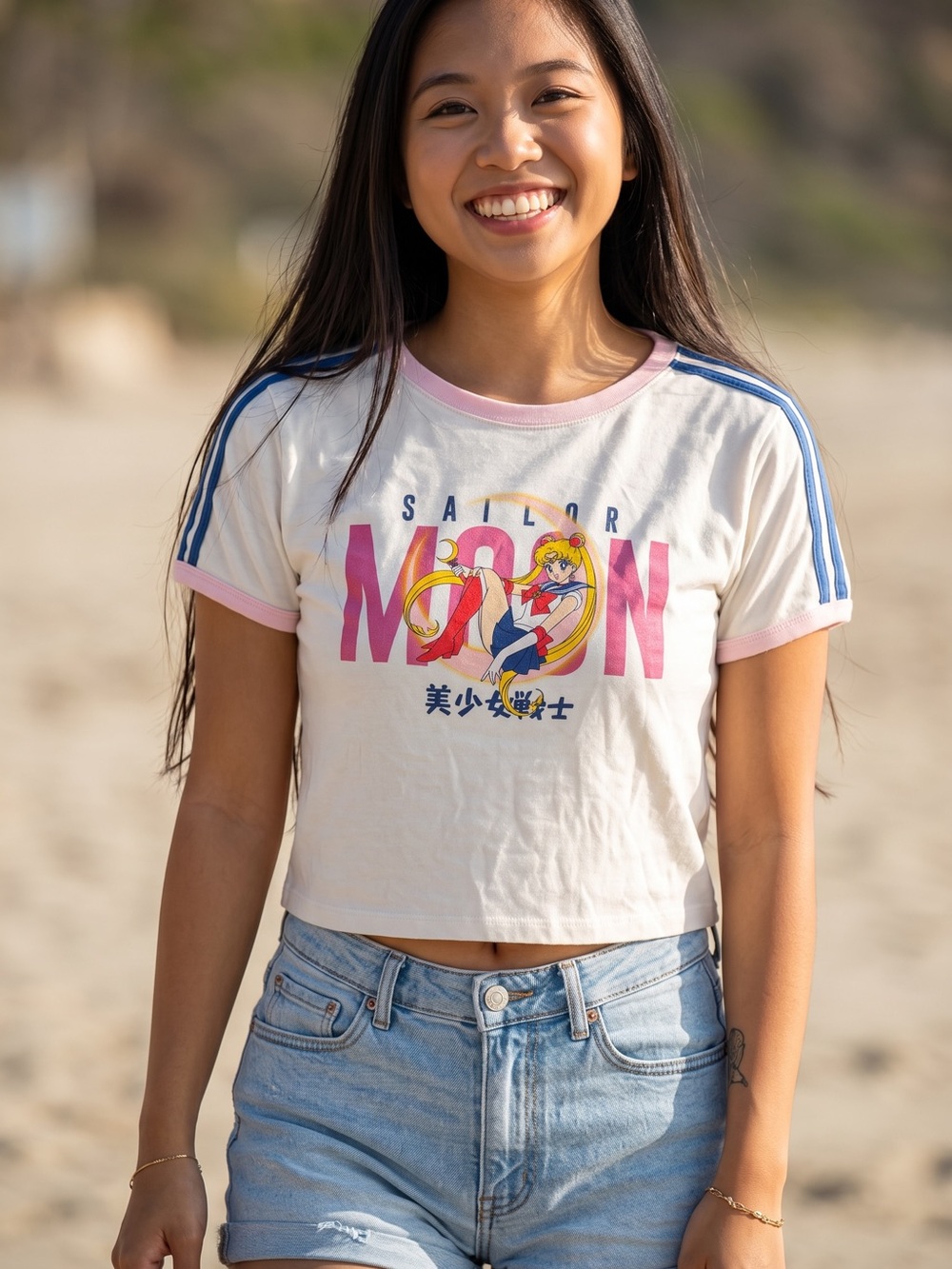 Vintage Sailor Moon Graphic Crop Top Ringer Tee White Pink Blue Stripe Medium